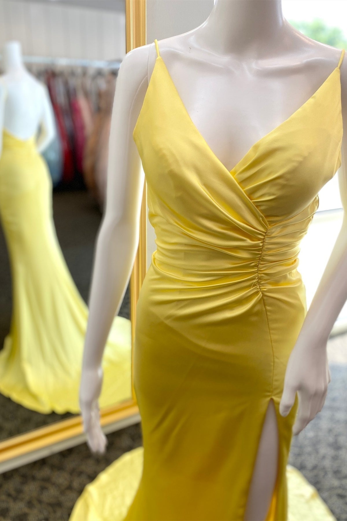 Homecoming Dresses Under 69, Yellow Surplice Mermaid Pleated Satin Long Prom Dress with Slit