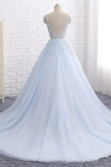 Formal Dresses For Winter Wedding, Ball Gown Chapel Train V Neck Sleeveless Backless Appliques Prom Dresses