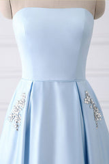 Bridesmaid Dress Styles Long, Light Blue A Line Floor Length Strapless Sleeveless Lace Up Prom Dresses