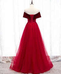 Formal Dress Shops Near Me, Burgundy Tulle Off Shoulder Long Prom Dress, Burgundy Formal Dress