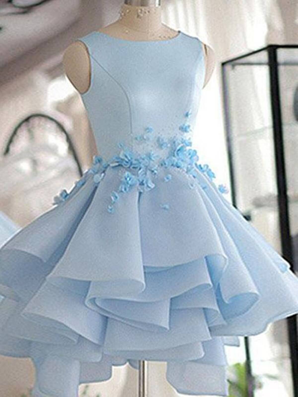 Reception Dress, 3D Flower Short Blue Prom Dresses, 3D Floral Short Blue Graduation Homecoming Dresses