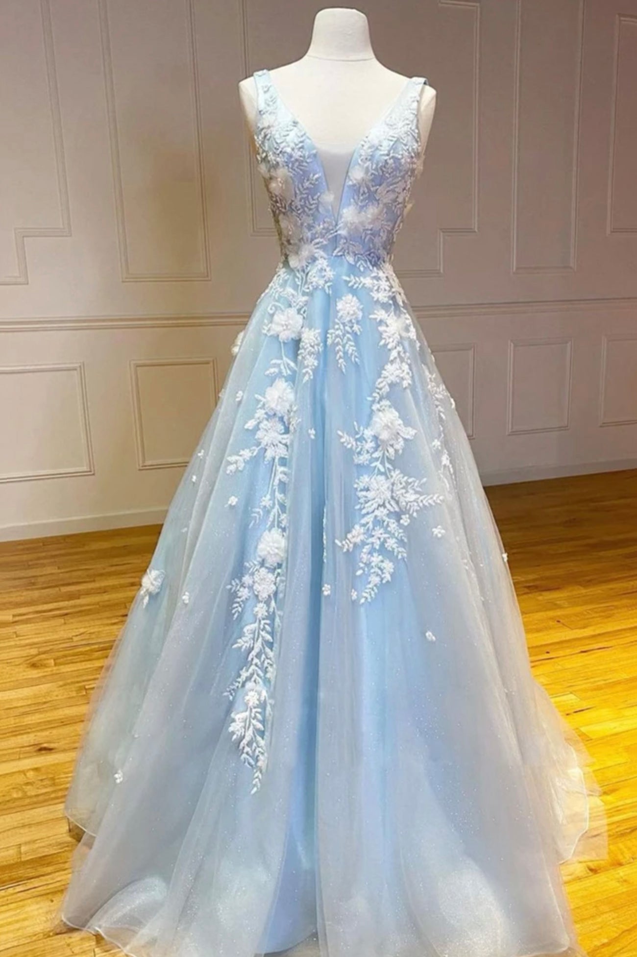 Mini Dress Formal, Blue V-Neck Tulle Long Prom Dresses, A-Line Blue Evening Dresses with Applique