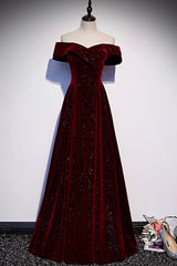 Princess Prom Dress, Burgundy Velvet Long Prom Dresses, Off the Shoulder Evening Dresses