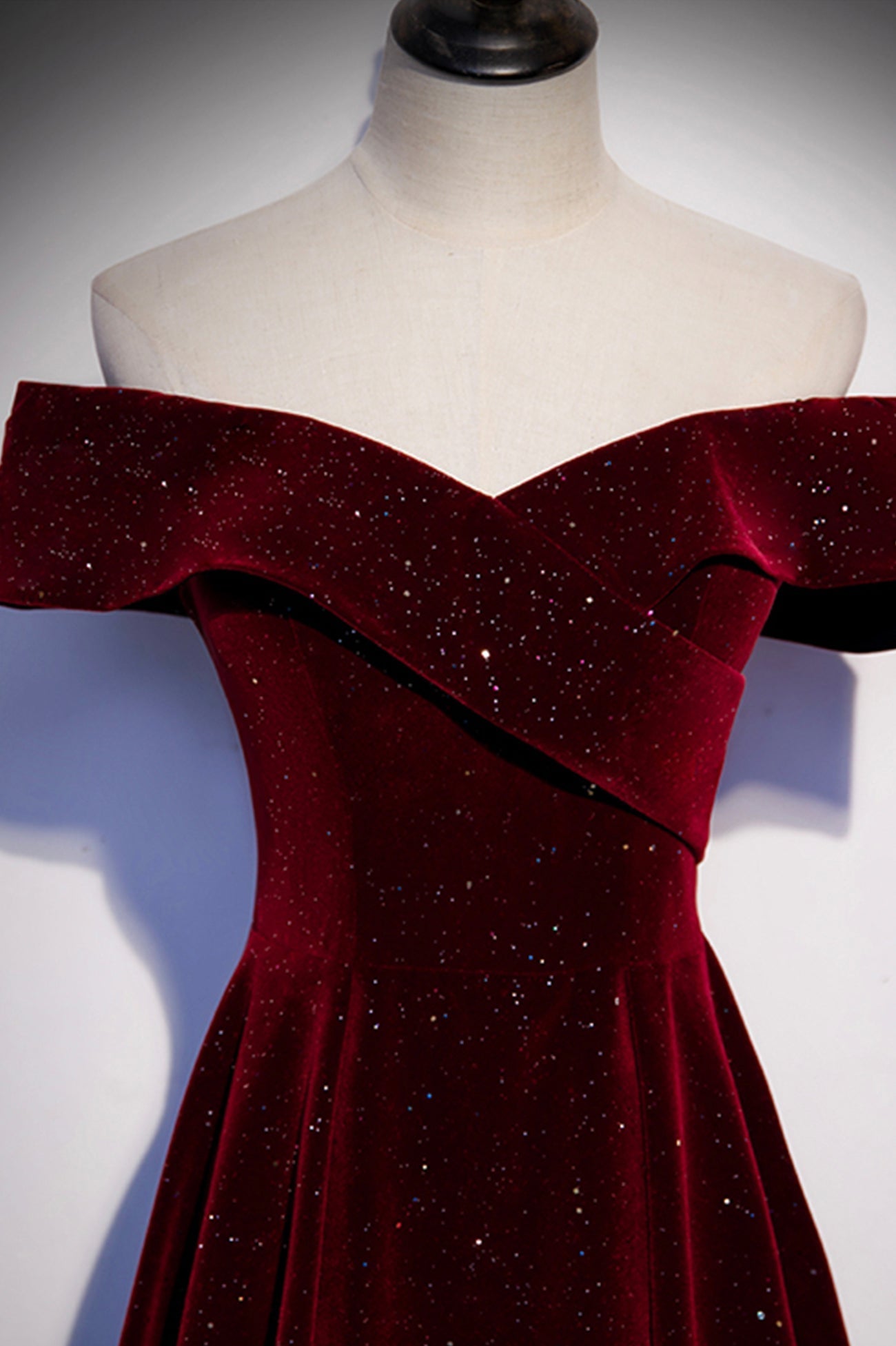 Prom Dress Sleeve, Burgundy Velvet Long Prom Dresses, Off the Shoulder Evening Dresses