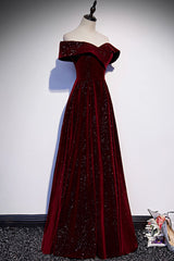 Stunning Dress, Burgundy Velvet Long Prom Dresses, Off the Shoulder Evening Dresses