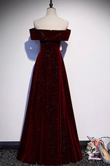 Pleated Dress, Burgundy Velvet Long Prom Dresses, Off the Shoulder Evening Dresses