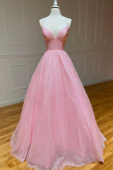 Prom Dress 2044, Pink V-Neck Tulle Long Prom Dresses, A-Line Backless Evening Dresses