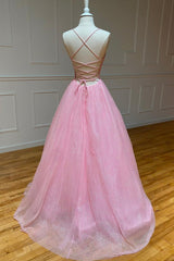 Bridesmaid Propos, Pink V-Neck Tulle Long Prom Dresses, A-Line Backless Evening Dresses