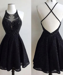 Formal Dress Stores, A-Line Jewel Backless Short Black Lace 2024 with Beading Homecoming Dresses