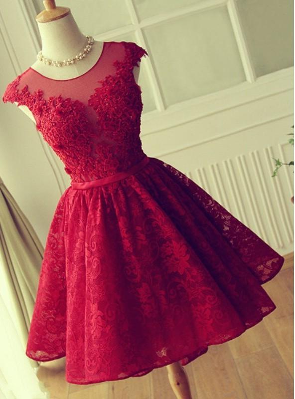 Bridesmaid Dresses Neutral, A-Line Jewel Cap Sleeves Red Lace Short Homecoming Dress 2024 with Beading