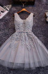 Bridesmaids Dresses Modest, Princess/A-Line V-Neck Appliques Gray Tulle Homecoming/Prom Dresses