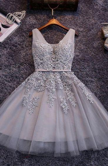 Bridesmaid Dress Modest, Princess/A-Line V-Neck Appliques Gray Tulle Homecoming/Prom Dresses