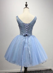 Bridesmaid Dresses Style, A-Line Crew Neck Blue Appliques Homecoming Dress 2024