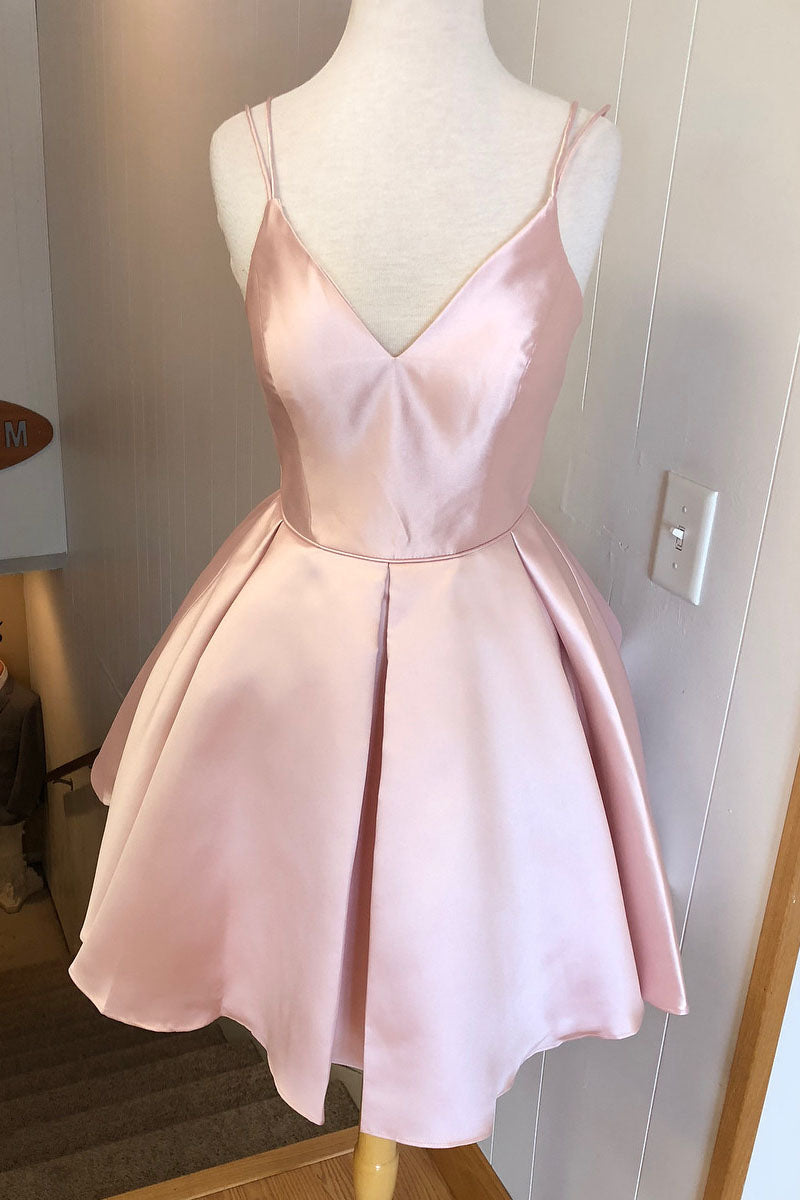 Evening Dresses 2042, V Neck Straps Short Pink Homecoming Dress