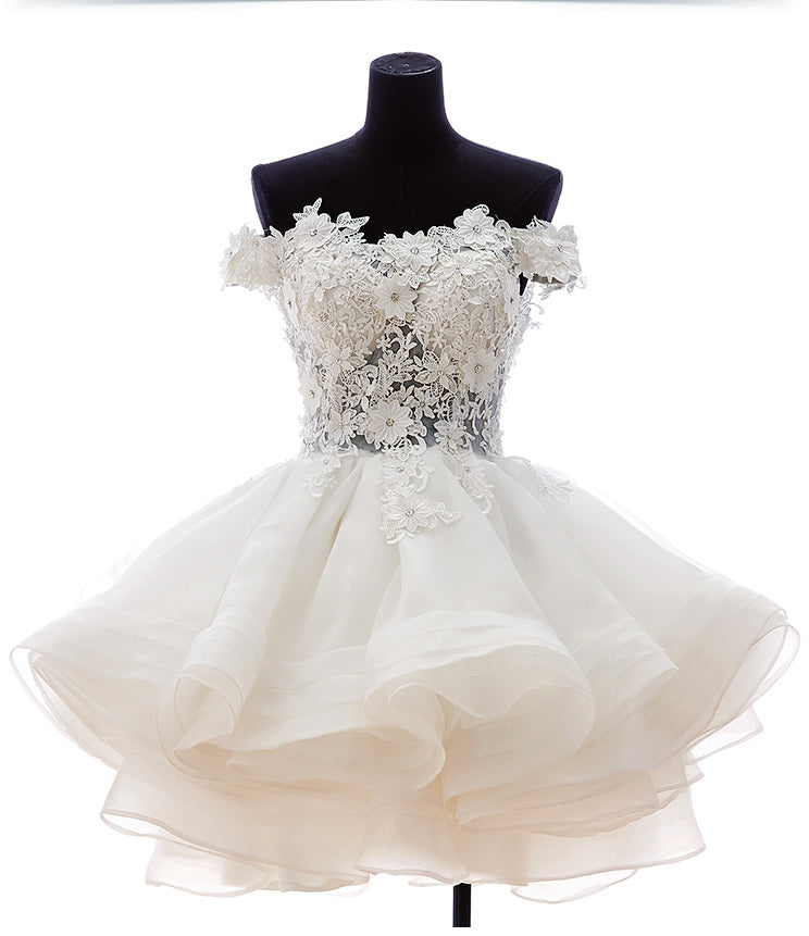 Bridesmaid Dress Lavender, A-Line Off-the-Shoulder Appliques Short White Organza Homecoming Dress 2024