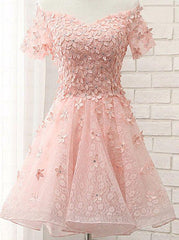 Bridesmaid Dress Idea, Princess/A-Line Off-the-Shoulder Appliques Short Coral Lace Homecoming/Prom Dresses