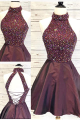 Formal Dresses Ballgown, High Neck Short Sparkle Burgundy Homecoming Dress