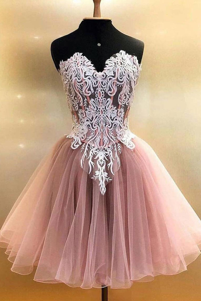 Ruffle Dress, Sweetheart Appliqued Pink Tulle Homecoming Dress