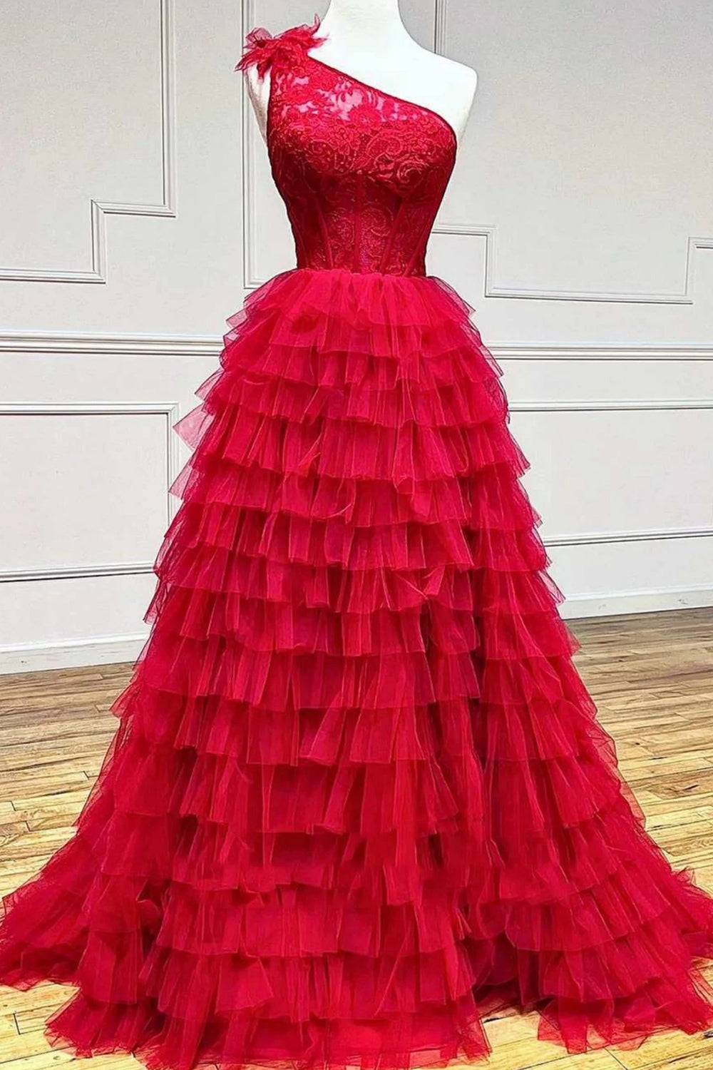 Rustic Wedding, Red One Shoulder Corset Tiered Long Prom Dress with Ruffles