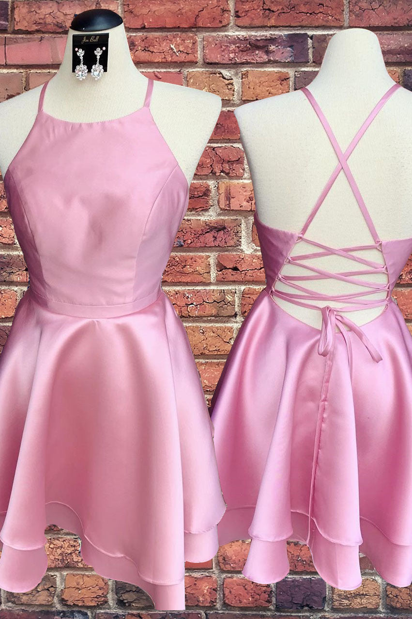 Royal Dress, Simple Straps Short Pink Homecoming Dress