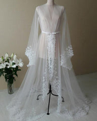 Wedding Pictures, white v neck tulle long sleeved bridal boudoir robe with 3d flowers