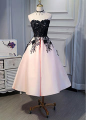 Winter Formal Dress Short, Cute Pearl Pink Tea Length Satin With Lace Applique Party Dress