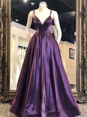 Formal Dresses Homecoming, V Neck Purple Satin Long Prom Dresses, Purple Formal Graduation Evening Dresses/4307