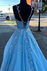 Homecoming Dress 2034, Light Blue Appliques V-Neck Belted A-Line Prom Gown