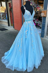 Homecomming Dresses Long, Light Blue Appliques V-Neck Belted A-Line Prom Gown