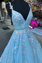 Homecomming Dress Long, Light Blue Appliques V-Neck Belted A-Line Prom Gown