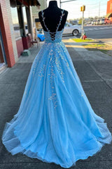 Homecoming Dresses 2041, Light Blue Appliques V-Neck Belted A-Line Prom Gown