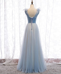 Homecomming Dresses With Sleeves, Simple Blue V Neck Tulle Long Prom Dress, Blue Formal Dress