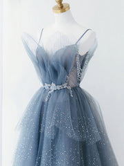 Evening Dress Shops Near Me, Gray Blue Tulle Beads Long Prom Dress, Blue Tulle Formal Dress