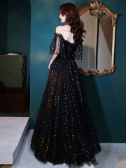 Prom Dresses Long, Black Tulle Off Shoulder Tulle Long Prom Dress, Black Evening Dress