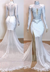 Summer Wedding, 2024 White Long Sleeve High Neck Lace and Tulle Side Slit Mermaid Prom Dresses