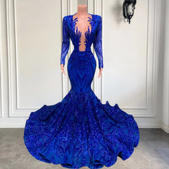 Party Dress Black, Hot Sparkle Royal Blue Sequin Long sleeves Mermaid Prom Dresses