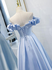 Prom Dress With Slit, Blue A Line Off Shoulder Long Prom Dress, Blue Evening Dress