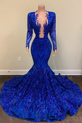 Party Dresses Summer Dresses, Hot Sparkle Royal Blue Sequin Long sleeves Mermaid Prom Dresses