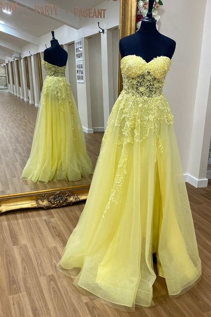 Homecoming Dresses Unique, Yellow Floral Lace Strapless A-Line Prom Dress