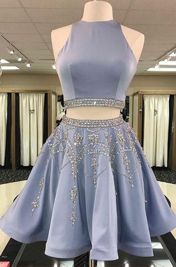 Bachelorette Party, Princess/A-Line Knee Length Two Pieces Satin Prom Dresses