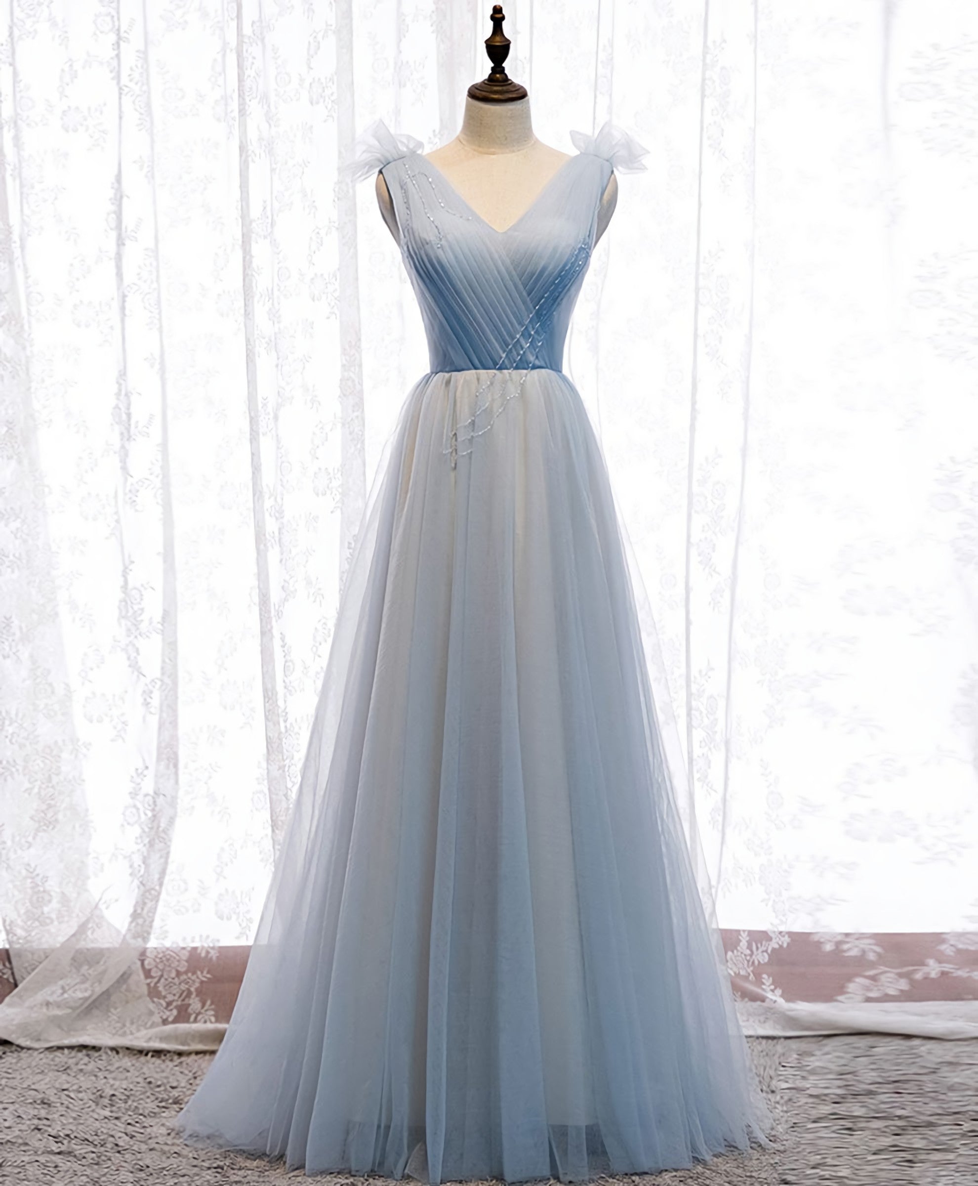 Homecoming Dress With Sleeves, Simple Blue V Neck Tulle Long Prom Dress, Blue Formal Dress