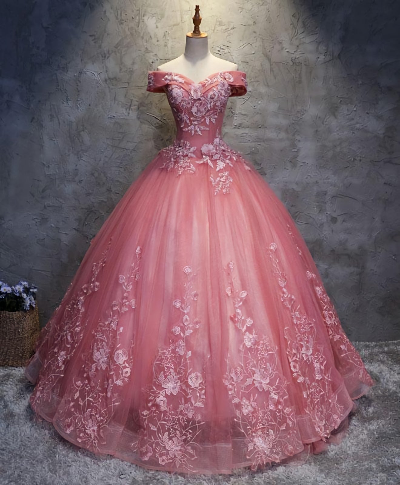 Homecoming Dresses Under 67, Pink Tulle Lace Off Shoulder Long Prom Dress, Pink Tulle Evening Dress, 1