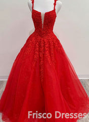 Party Dress Cheap, Red Tulle Lace A Line Formal Evening Dresses Appliques Long Prom Dresses