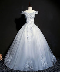 Prom Dresses Website, Blue Tulle Lace Off Shoulder Long Prom Dress, Blue Tulle Lace Evening Dress