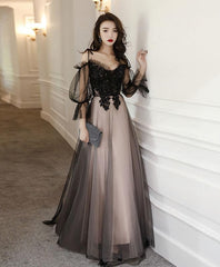 Homecoming Dresses Black, Black Tulle A Line Lace Long Prom Dress, Tulle Lace Formal Dress