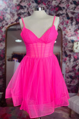 Formal Dress Floral, Hot Pink Deep V Neck Straps A-line Tulle Homecoming Dress