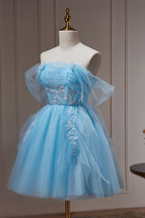 Bridesmaid Dresses With Sleeve, Blue Off The Shoulder Beading Appliques Tulle Short Homecoming Dresses