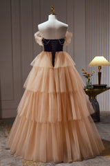 Bridesmaid Dress Chiffon, Champagne Off The Shoulder Evening Gown A Line Tulle Long Prom Dresses
