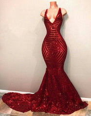Party Dress Renswoude, Red Sequins Shiny V-Neck Mermaid Long Prom Dresses