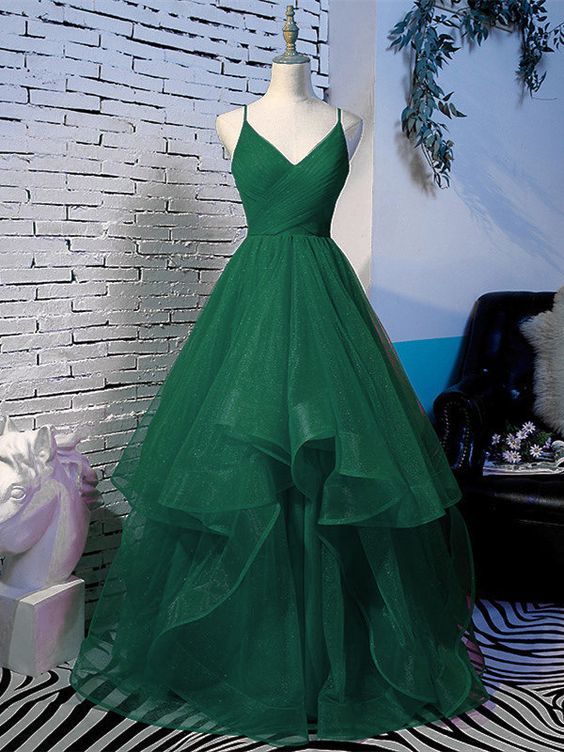 Party Dresses Short, a line prom dresses evening dress spaghetti straps open back long dark green tulle with ruffles